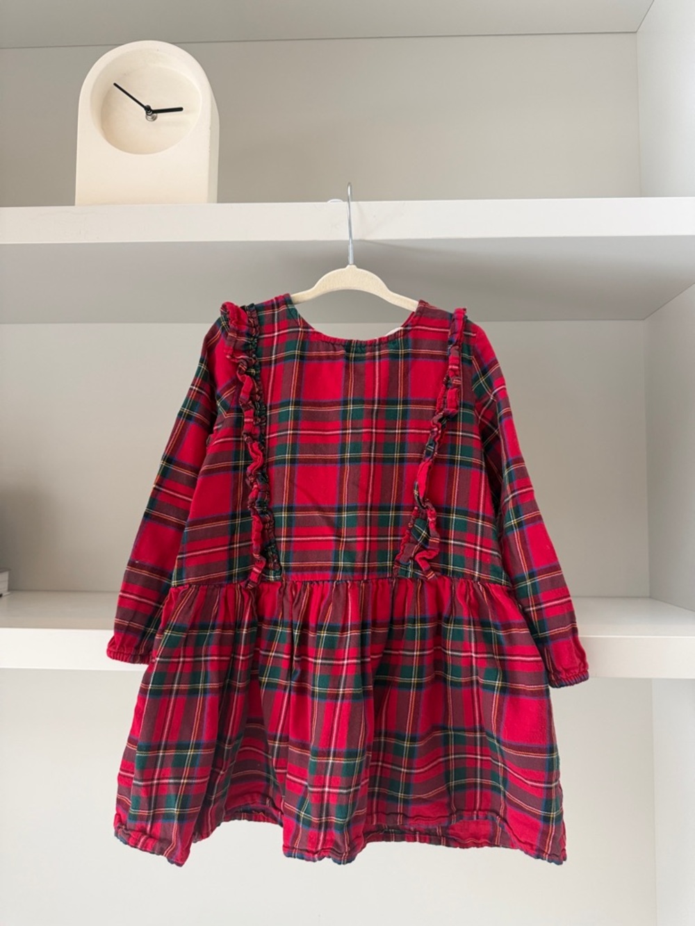 H&M Red Green Plaid Ruffle Long-Sleeve Dress